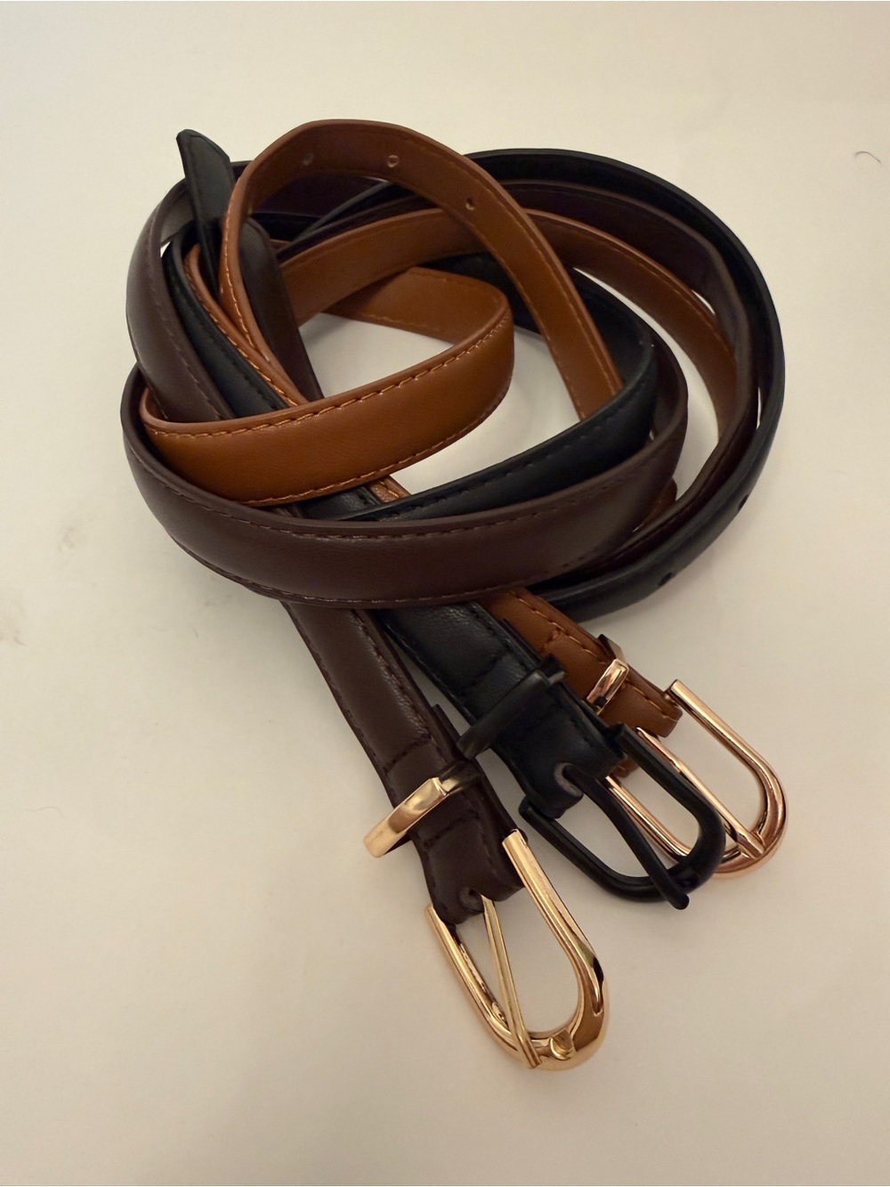 Three Classic Skinny Faux Leather Belts - Black, Brown, Tan